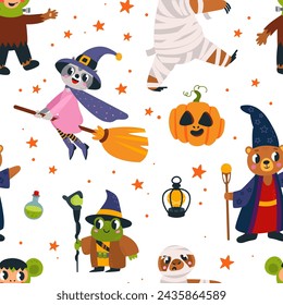 Halloween seamless pattern. Animals wear wizard and witch costumes, raccoon flying on broom. Childish carnival fabric print, classy vector background