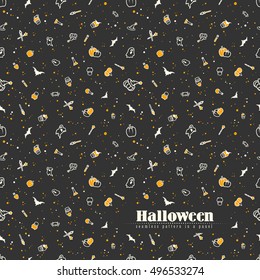 Halloween seamless pattern artistic retro design. Endless pattern collection for background, scrapbook, wrapping paper, wallpapers. Black and orange, pumpkin, ghost, spider and witch attributes.