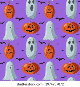 Halloween seamless pattern background. Abstract ghosts, funny pumpkins and bats isolated on purple for design halloween invitations, cards, menu etc. Vector cartoon illustration