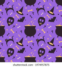 Halloween seamless pattern background. Abstract skull, bone, black cat, bat and witch pot and hat isolated on purple for design halloween invitations, cards, menu etc. Vector cartoon illustration