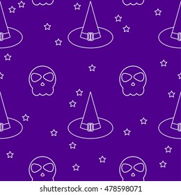 Halloween seamless pattern background. Abstract halloween sketch hat and skull isolated on purple cover.Handmade pattern  for design card, invitation, poster, banner, menu, notebook, album etc.