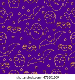 Halloween seamless pattern background. Abstract halloween sketch elements isolated on purple cover.Handmade pattern  for design card, invitation, poster, banner, menu, notebook, album etc.
