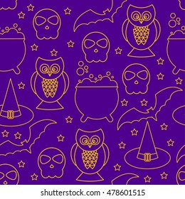 Halloween seamless pattern background. Abstract halloween sketch elements isolated on purple cover. Handmade pattern  for design card, invitation, poster, banner, menu, notebook, album etc.