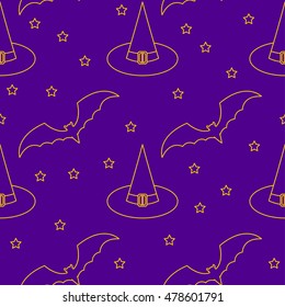 Halloween seamless pattern background. Abstract halloween sketch hat and bat isolated on purple cover. Handmade pattern  for design card, invitation, poster, banner, menu, notebook, album etc.