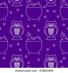 Halloween seamless pattern background. Abstract halloween sketch elements isolated on purple cover. Handmade pattern  for design card, invitation, poster, banner, menu, notebook, album etc.