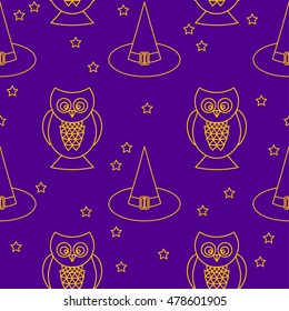 Halloween seamless pattern background. Abstract halloween sketch owl and hat isolated on purple cover.Handmade pattern  for design card, invitation, poster, banner, menu, notebook, album etc.