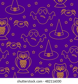 Halloween seamless pattern background. Abstract halloween sketch elements isolated on purple cover. Handmade halloween party pattern for design card, invitation, poster, banner, menu, album etc.