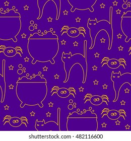 Halloween seamless pattern background. Abstract halloween sketch cat, spider and pot isolated on purple cover. Handmade halloween party pattern for design card, invitation,  banner, menu, album etc.