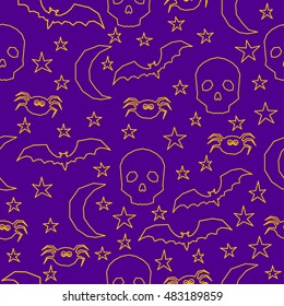 Halloween seamless pattern background. Abstract halloween sketch elements isolated on purple cover. Handmade halloween party pattern for design card, invitation, poster, banner, menu, album etc.