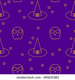 Halloween seamless pattern background. Abstract halloween sketch hat and skull isolated on purple cover. Handmade pattern  for design card, invitation, poster, banner, menu, notebook, album etc.