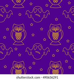 Halloween seamless pattern background. Abstract halloween sketch owl and ghost isolated on purple cover. Handmade pattern  for design card, invitation, poster, banner, menu, notebook, album etc.