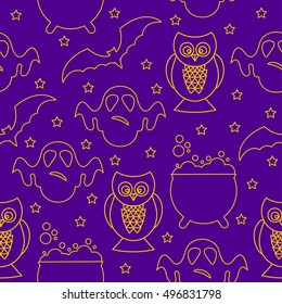 Halloween seamless pattern background. Abstract halloween sketch owl, bat, ghost and pot isolated on purple cover. Handmade pattern for design card, invitation, menu, album etc.