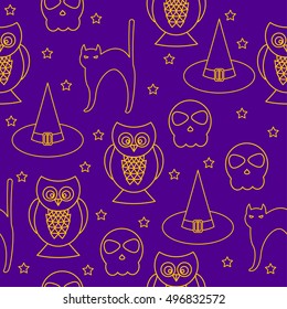 Halloween seamless pattern background. Abstract halloween sketch owl, skull, cat and hat isolated on purple cover. Handmade pattern for design card, invitation, menu, album etc.