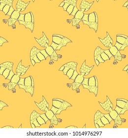 Halloween Seamless Pattern. Background with Bats and Pumpkins in Trendy Zentangle Style. Hand Drawn Seamless Texture for Halloween Decoration.