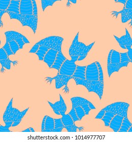 Halloween Seamless Pattern. Background with Bats and Pumpkins in Trendy Zentangle Style. Hand Drawn Seamless Texture for Halloween Decoration.