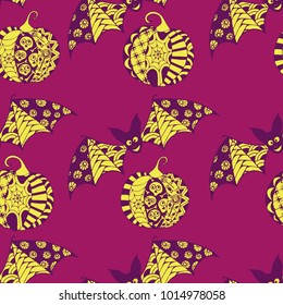 Halloween Seamless Pattern. Background with Bats and Pumpkins in Trendy Zentangle Style. Hand Drawn Seamless Texture for Halloween Decoration.