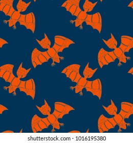 Halloween Seamless Pattern. Background with Bats and Pumpkins in Trendy Zentangle Style. Hand Drawn Seamless Texture for Halloween Decoration.