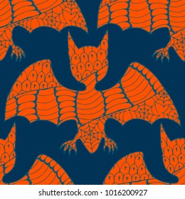 Halloween Seamless Pattern. Background with Bats and Pumpkins in Trendy Zentangle Style. Hand Drawn Seamless Texture for Halloween Decoration.