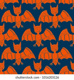 Halloween Seamless Pattern. Background with Bats and Pumpkins in Trendy Zentangle Style. Hand Drawn Seamless Texture for Halloween Decoration.