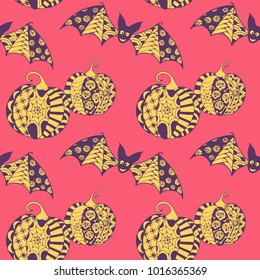 Halloween Seamless Pattern. Background with Bats and Pumpkins in Trendy Zentangle Style. Hand Drawn Seamless Texture for Halloween Decoration.