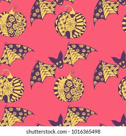 Halloween Seamless Pattern. Background with Bats and Pumpkins in Trendy Zentangle Style. Hand Drawn Seamless Texture for Halloween Decoration.