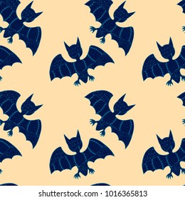 Halloween Seamless Pattern. Background with Bats and Pumpkins in Trendy Zentangle Style. Hand Drawn Seamless Texture for Halloween Decoration.