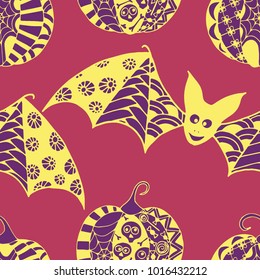 Halloween Seamless Pattern. Background with Bats and Pumpkins in Trendy Zentangle Style. Hand Drawn Seamless Texture for Halloween Decoration.