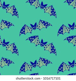 Halloween Seamless Pattern. Background with Bats and Pumpkins in Trendy Zentangle Style. Hand Drawn Seamless Texture for Halloween Decoration.