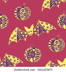 Halloween Seamless Pattern. Background with Bats and Pumpkins in Trendy Zentangle Style. Hand Drawn Seamless Texture for Halloween Decoration.