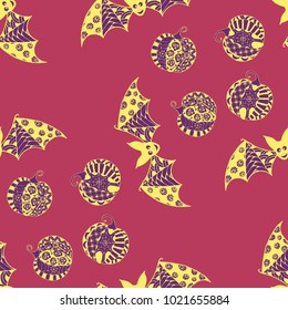 Halloween Seamless Pattern. Background with Bats and Pumpkins in Trendy Zentangle Style. Hand Drawn Seamless Texture for Halloween Decoration.