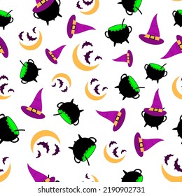 Halloween seamless pattern. Halloween background with bats, crescent moon, witches hat and cauldron. Halloween party night. Design for print on wallpaper, wrapping paper, fabric. Vector illustration