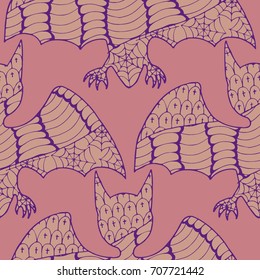 Halloween Seamless Pattern. Background with Bats and Pumpkins in Trendy Zentangle Style. Hand Drawn Seamless Texture for Halloween Decoration.