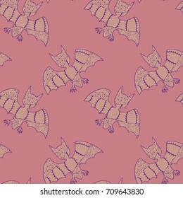 Halloween Seamless Pattern. Background with Bats and Pumpkins in Trendy Zentangle Style. Hand Drawn Seamless Texture for Halloween Decoration.