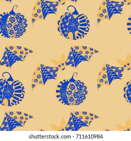 Halloween Seamless Pattern. Background with Bats and Pumpkins in Trendy Zentangle Style. Hand Drawn Seamless Texture for Halloween Decoration.