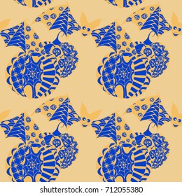 Halloween Seamless Pattern. Background with Bats and Pumpkins in Trendy Zentangle Style. Hand Drawn Seamless Texture for Halloween Decoration.