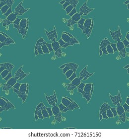 Halloween Seamless Pattern. Background with Bats and Pumpkins in Trendy Zentangle Style. Hand Drawn Seamless Texture for Halloween Decoration.