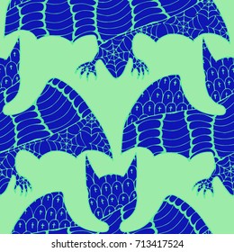Halloween Seamless Pattern. Background with Bats and Pumpkins in Trendy Zentangle Style. Hand Drawn Seamless Texture for Halloween Decoration.