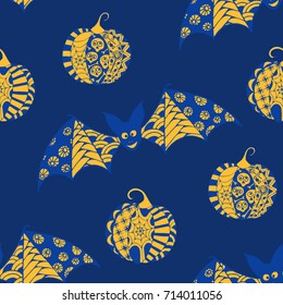 Halloween Seamless Pattern. Background with Bats and Pumpkins in Trendy Zentangle Style. Hand Drawn Seamless Texture for Halloween Decoration.