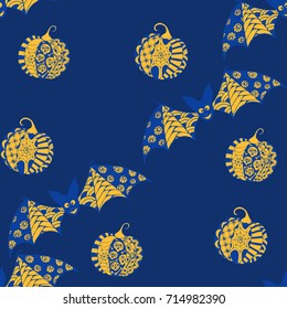 Halloween Seamless Pattern. Background with Bats and Pumpkins in Trendy Zentangle Style. Hand Drawn Seamless Texture for Halloween Decoration.