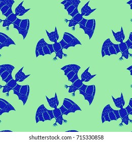 Halloween Seamless Pattern. Background with Bats and Pumpkins in Trendy Zentangle Style. Hand Drawn Seamless Texture for Halloween Decoration.