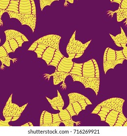 Halloween Seamless Pattern. Background with Bats and Pumpkins in Trendy Zentangle Style. Hand Drawn Seamless Texture for Halloween Decoration.