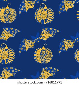 Halloween Seamless Pattern. Background with Bats and Pumpkins in Trendy Zentangle Style. Hand Drawn Seamless Texture for Halloween Decoration.