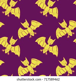 Halloween Seamless Pattern. Background with Bats and Pumpkins in Trendy Zentangle Style. Hand Drawn Seamless Texture for Halloween Decoration.