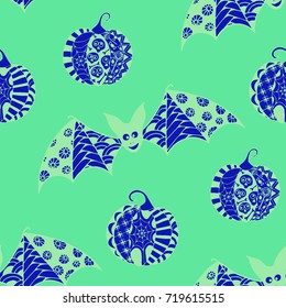 Halloween Seamless Pattern. Background with Bats and Pumpkins in Trendy Zentangle Style. Hand Drawn Seamless Texture for Halloween Decoration.