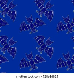 Halloween Seamless Pattern. Background with Bats and Pumpkins in Trendy Zentangle Style. Hand Drawn Seamless Texture for Halloween Decoration.