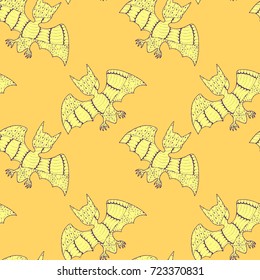 Halloween Seamless Pattern. Background with Bats and Pumpkins in Trendy Zentangle Style. Hand Drawn Seamless Texture for Halloween Decoration.