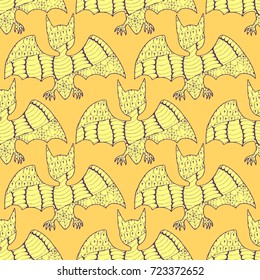 Halloween Seamless Pattern. Background with Bats and Pumpkins in Trendy Zentangle Style. Hand Drawn Seamless Texture for Halloween Decoration.