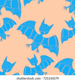 Halloween Seamless Pattern. Background with Bats and Pumpkins in Trendy Zentangle Style. Hand Drawn Seamless Texture for Halloween Decoration.