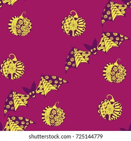 Halloween Seamless Pattern. Background with Bats and Pumpkins in Trendy Zentangle Style. Hand Drawn Seamless Texture for Halloween Decoration.