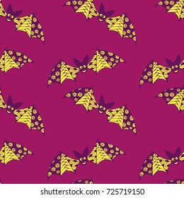 Halloween Seamless Pattern. Background with Bats and Pumpkins in Trendy Zentangle Style. Hand Drawn Seamless Texture for Halloween Decoration.